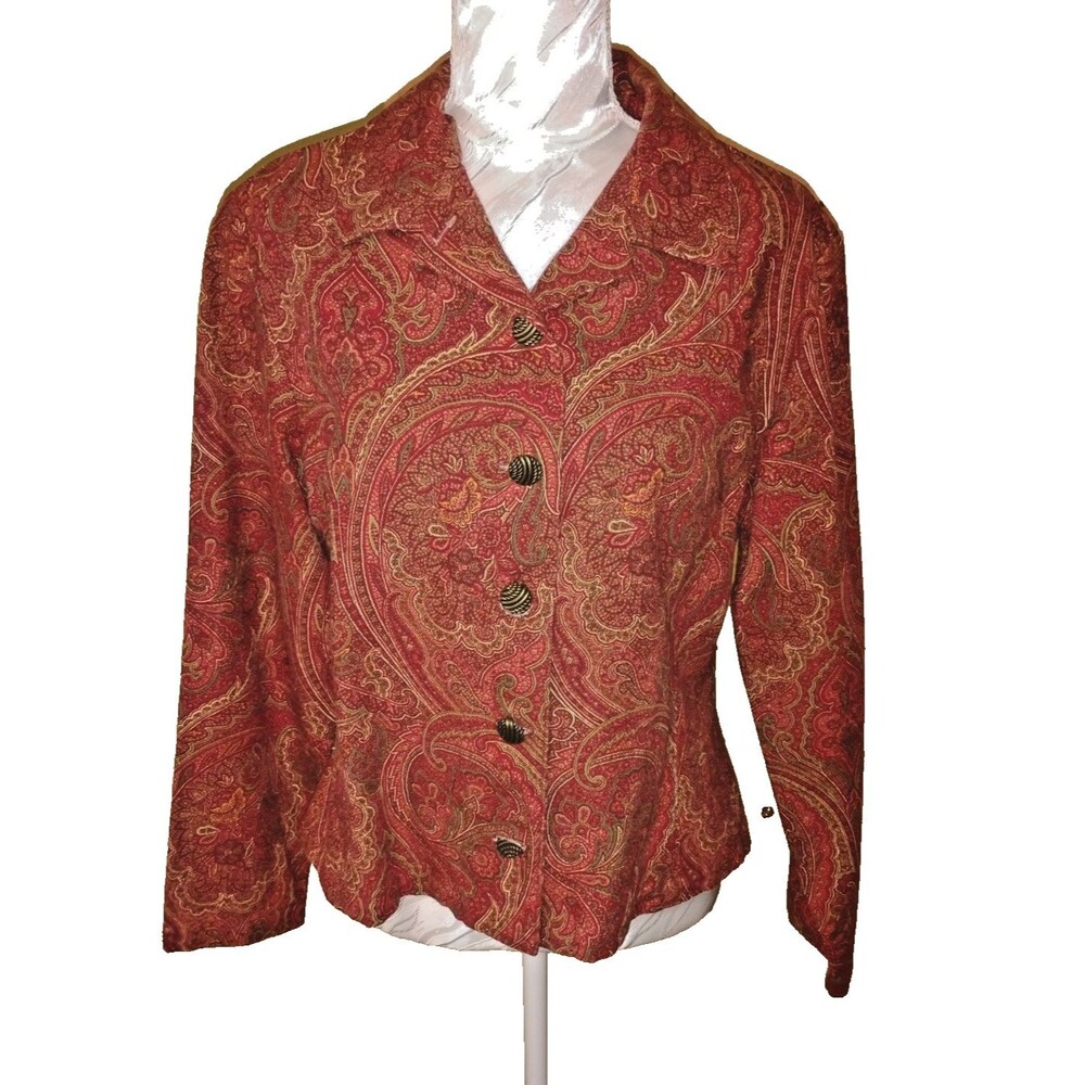 Monterrey Bay Womens PM Red Green Paisley Long Slv Jacket Boho Gypsy Tapestry